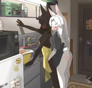 2girls, animal ears, apron