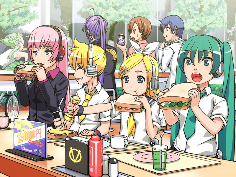 hatsune miku, kagamine rin, kagamine len, megurine luka, kaito, and 3 more (vocaloid) drawn by heibonkaeru
