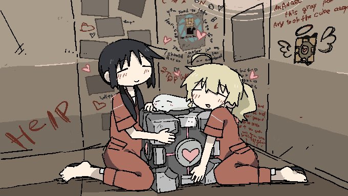 chito, yuuri, nuko, chell, and aperture science weighted companion cube (shoujo shuumatsu ryokou and 2 more) drawn by yoyohachi
