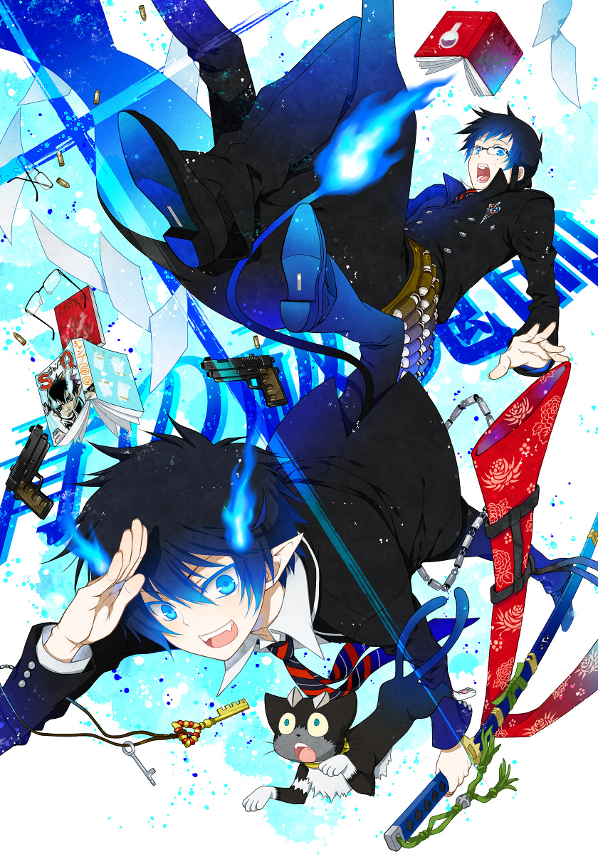 okumura rin, okumura yukio, and kuro (ao no exorcist) drawn by yuuno_(yukioka)