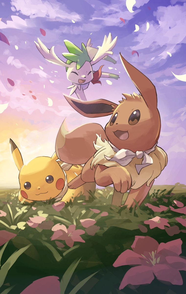 pikachu, eevee, and shaymin (pokemon and 1 more) drawn by yamaori_(hakkentai_pokedan)