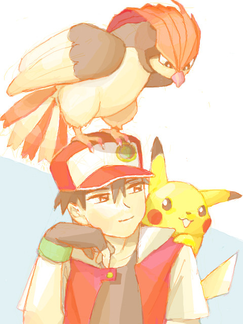 pikachu, red, and pidgeotto (pokemon and 1 more) drawn by numata