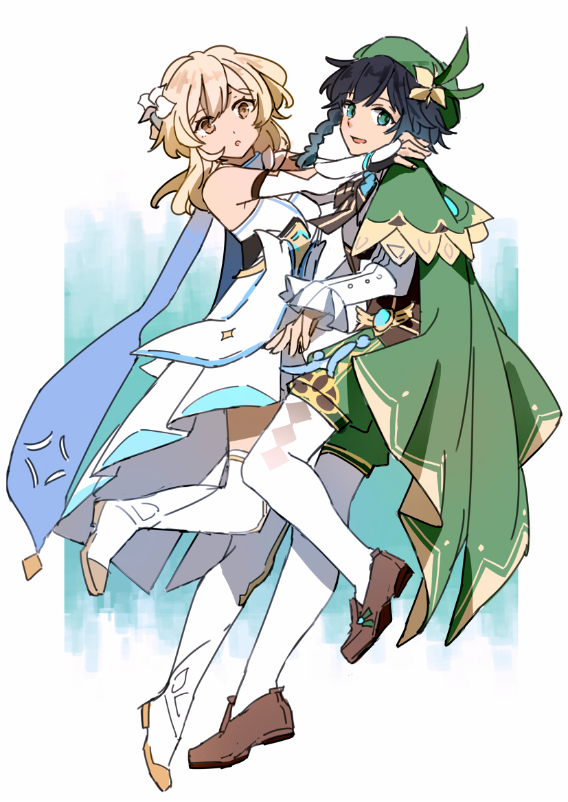 lumine and venti (genshin impact) drawn by kk_(kkgame7733)