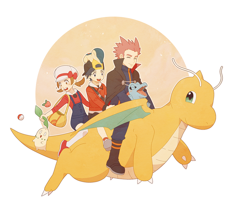ethan, lyra, cyndaquil, chikorita, dragonite, and 2 more (pokemon and 1 more) drawn by jaho