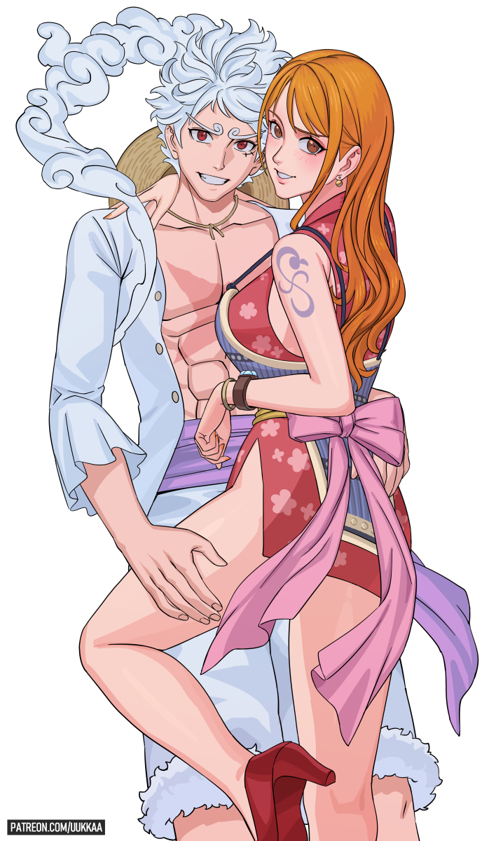 nami and monkey d. luffy (one piece) drawn by uukkaa