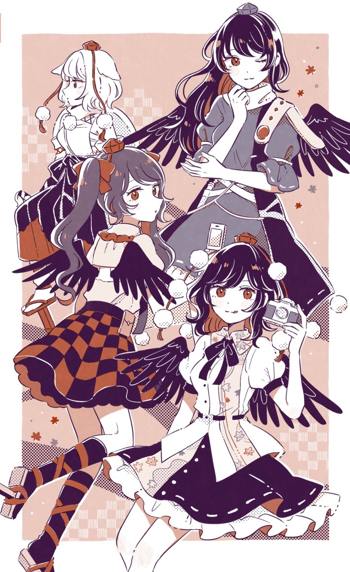 shameimaru aya, inubashiri momiji, himekaidou hatate, and iizunamaru megumu (touhou) drawn by mozukuzu_(manukedori)