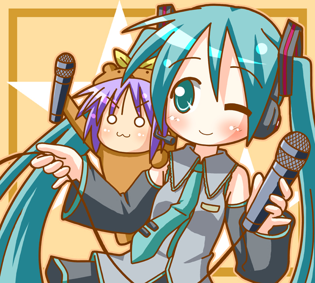 hatsune miku, hiiragi tsukasa, capybara-san, and bear tsukasa (vocaloid and 1 more) drawn by minami_(colorful_palette)