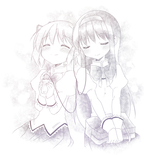 akemi homura and kaname madoka (mahou shoujo madoka magica) drawn by koruri
