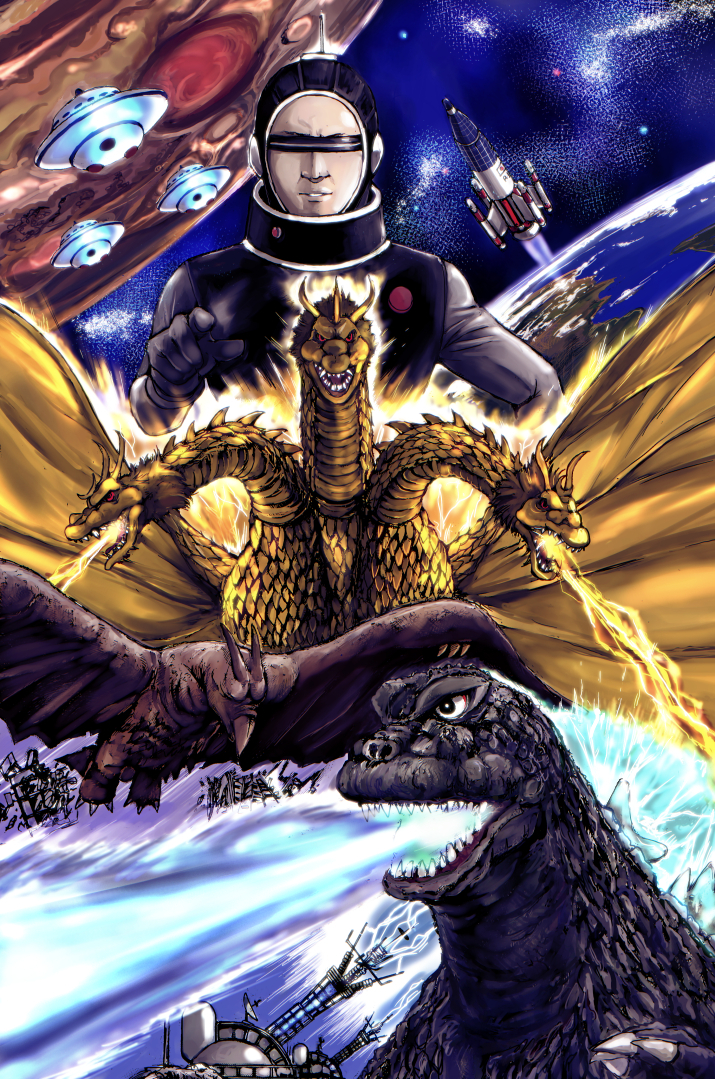 godzilla, king ghidorah, rodan, x seijin, and x seijin controller (godzilla) drawn by kamisimo_90