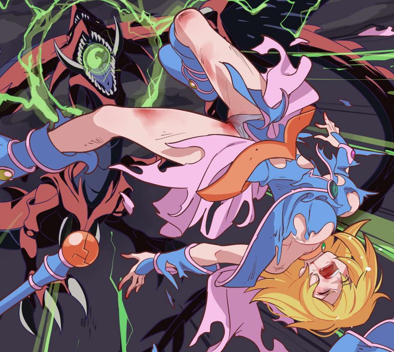 dark magician girl, osiris the sky dragon, and thunderforce attack (yu-gi-oh!) drawn by futa_yuri_ryona