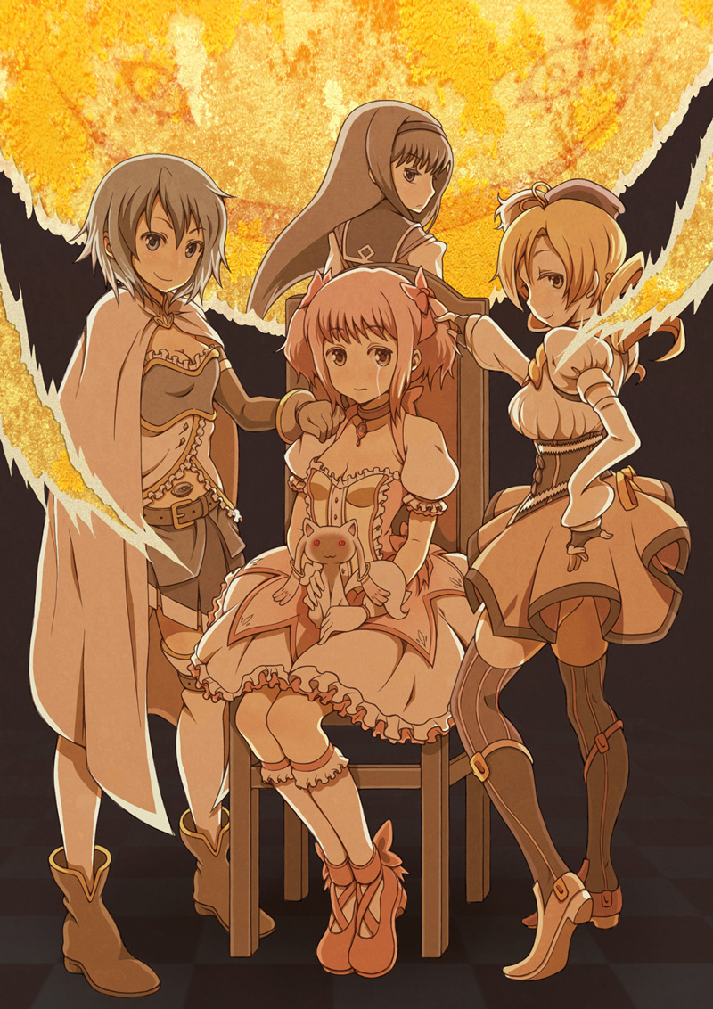 akemi homura, kaname madoka, miki sayaka, tomoe mami, and kyubey (mahou shoujo madoka magica) drawn by vinhnyu