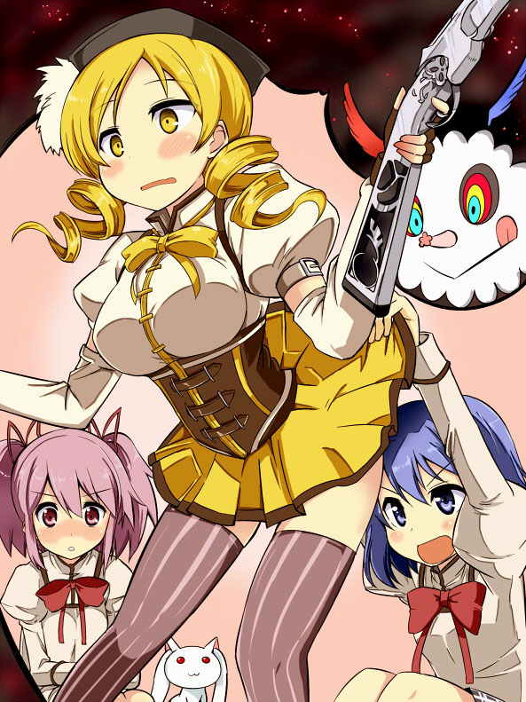 kaname madoka, miki sayaka, tomoe mami, kyubey, and charlotte (mahou shoujo madoka magica) drawn by oda_masaru