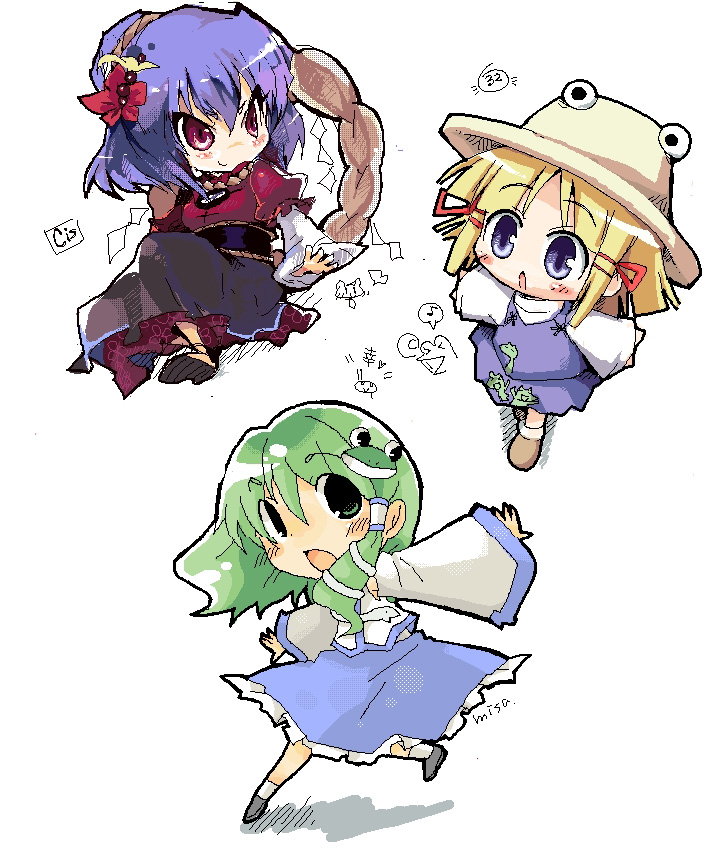 kochiya sanae, moriya suwako, and yasaka kanako (touhou) drawn by cis_(carcharias) and misaki_(1n1m)