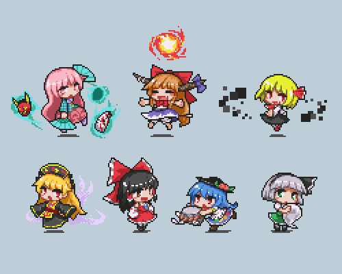 hakurei reimu, konpaku youmu, rumia, hinanawi tenshi, ibuki suika, and 2 more (touhou) drawn by kumamoto_(bbtonhk2)