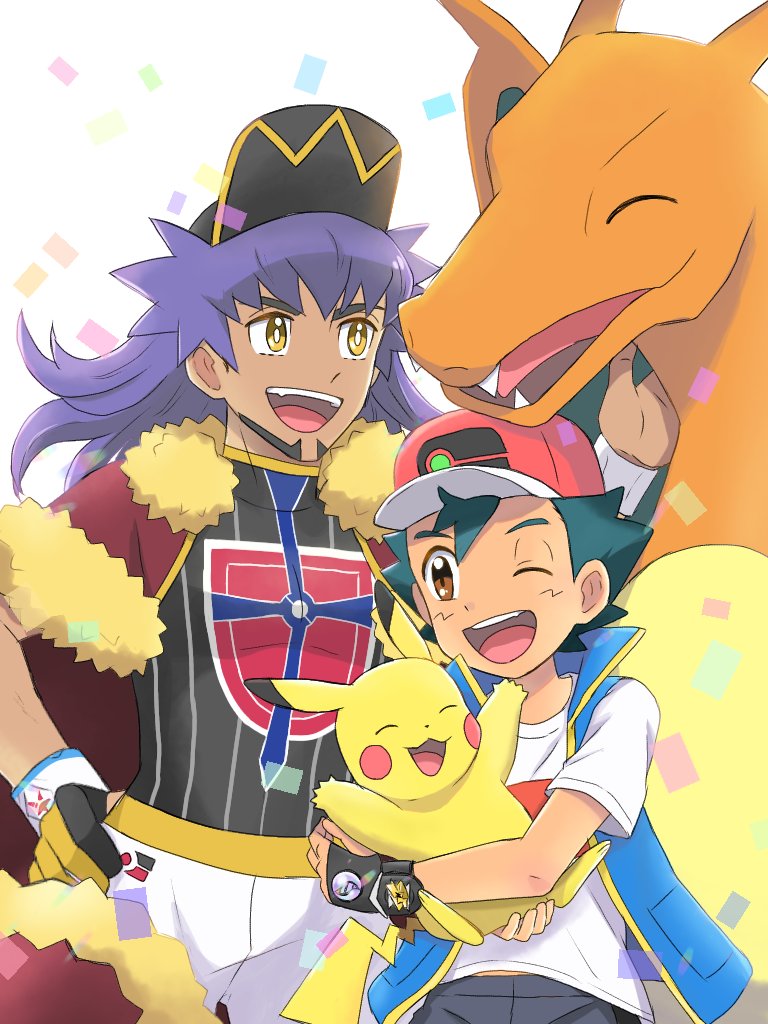 pikachu, ash ketchum, leon, and charizard (pokemon and 1 more) drawn by choco99poke