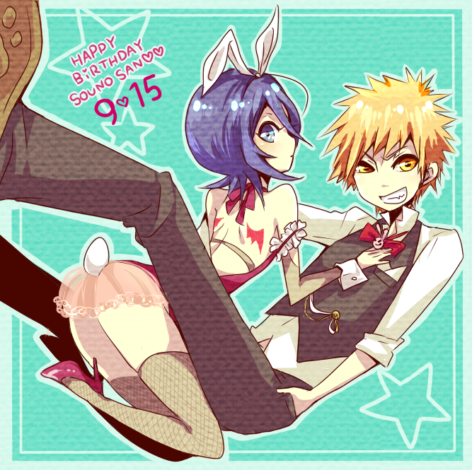 kuchiki rukia and kurosaki ichigo (bleach) drawn by noritamako