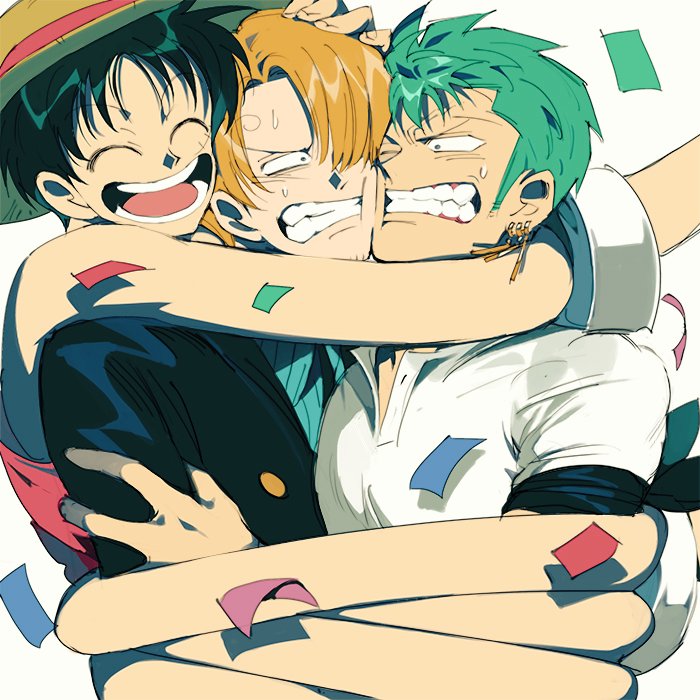 monkey d. luffy, roronoa zoro, and sanji (one piece) drawn by runa_(nori31291404)