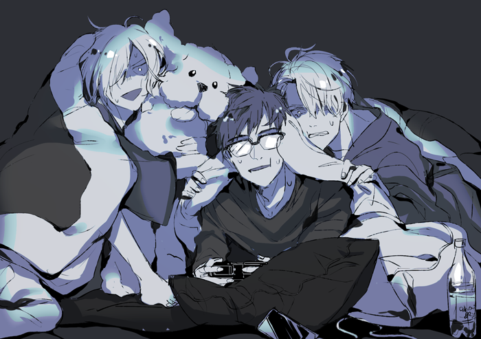 katsuki yuuri, viktor nikiforov, yuri plisetsky, and makkachin (yuri!!! on ice) drawn by en_(enxxx)