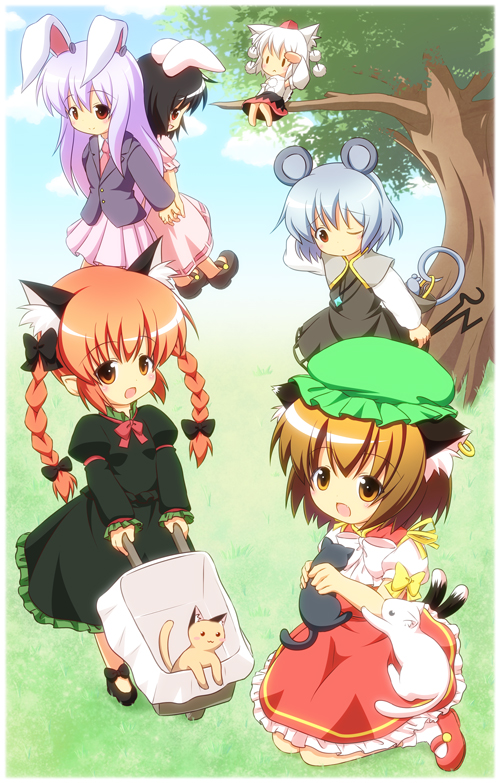 reisen udongein inaba, inubashiri momiji, kaenbyou rin, chen, inaba tewi, and 1 more (touhou) drawn by pila-pela