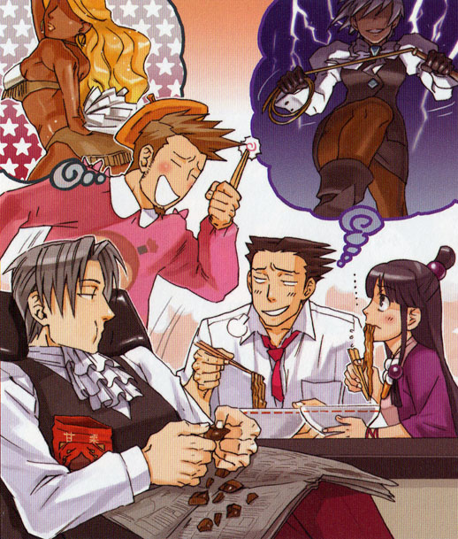 phoenix wright, miles edgeworth, maya fey, franziska von karma, and larry butz (ace attorney and 1 more)