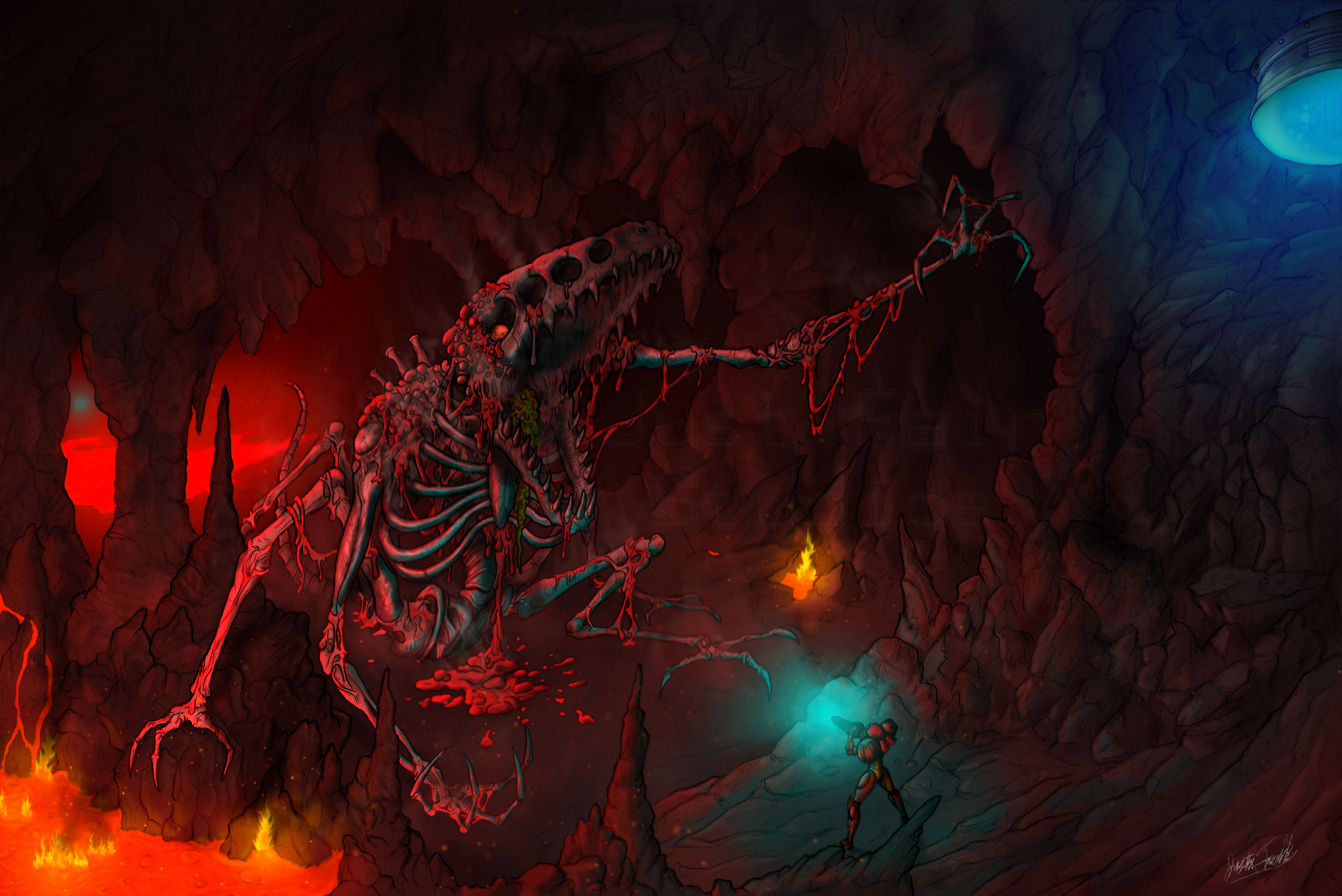 Скелет в подземелье. Пещерный дракон. Демон дракон. Пещера фэнтези.