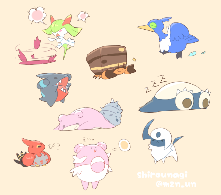 kirlia, absol, snorlax, gible, talonflame, and 4 more (pokemon and 1 more) drawn by mzn_un