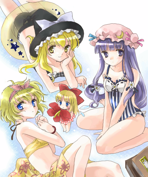 kirisame marisa, alice margatroid, patchouli knowledge, and shanghai doll (touhou) drawn by coco_(artist)