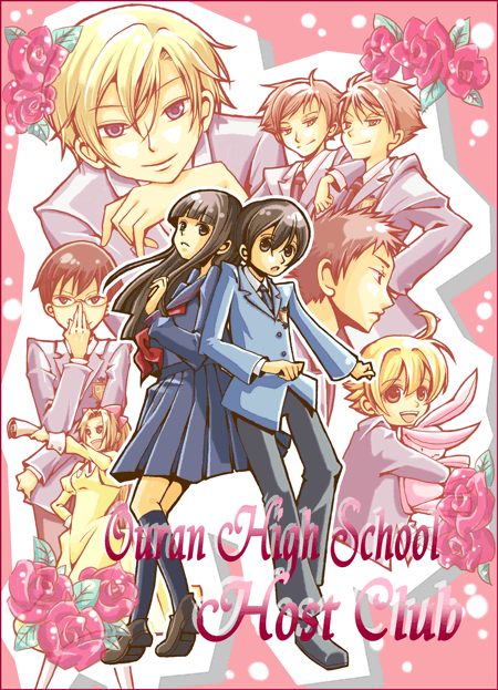 fujioka haruhi, suou tamaki, hitachiin hikaru, hitachiin kaoru, haninozuka mitsukuni, and 3 more (ouran high school host club) drawn by mirusa