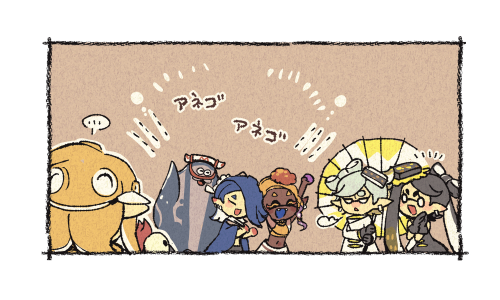 octoling player character, shiver, smallfry, frye, big man, and 2 more (splatoon and 1 more) drawn by potsupo