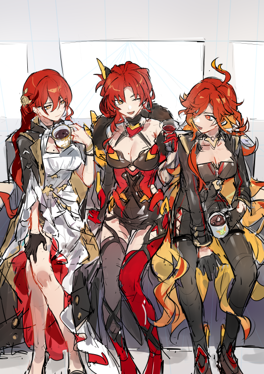 mavuika, himeko, murata himeko, tanaka rie, and komatsu mikako (genshin impact and 4 more) drawn by grape_(grapedraws)