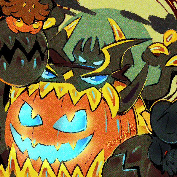 pumpkaboo, murkrow, and guzzlord (pokemon) drawn by sleepytroll