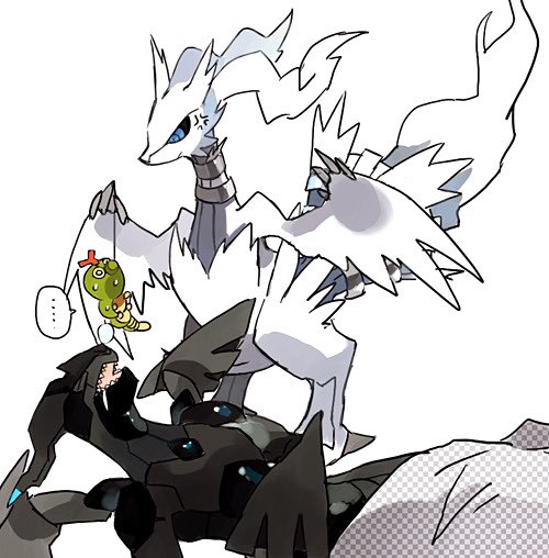 reshiram, zekrom, and caterpie (pokemon) drawn by yara_kami_meiosei