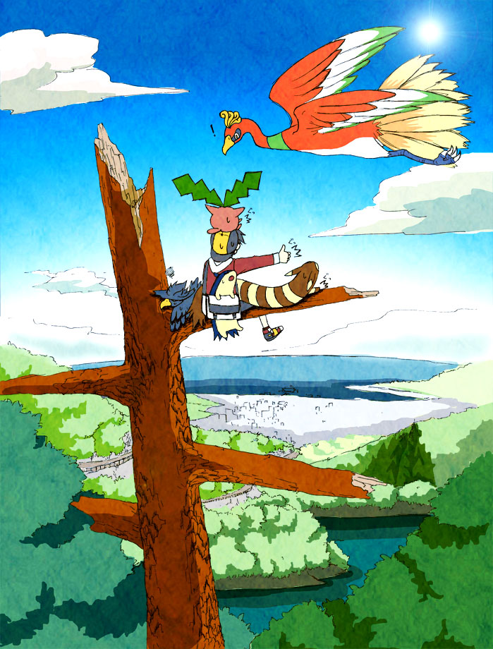 ethan, furret, ho-oh, hoppip, murkrow, and 1 more (pokemon and 1 more) drawn by kariha