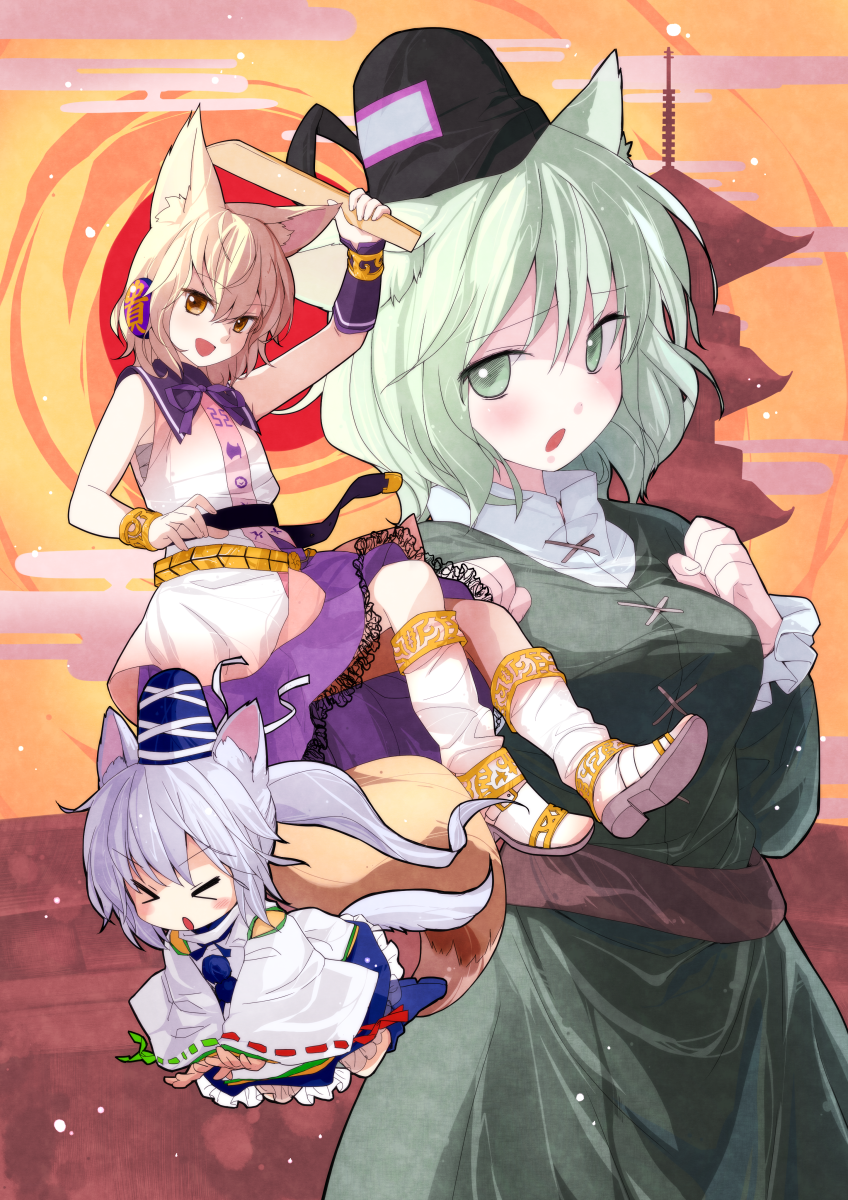 toyosatomimi no miko, mononobe no futo, and soga no tojiko (touhou) drawn by chagen_kokimu