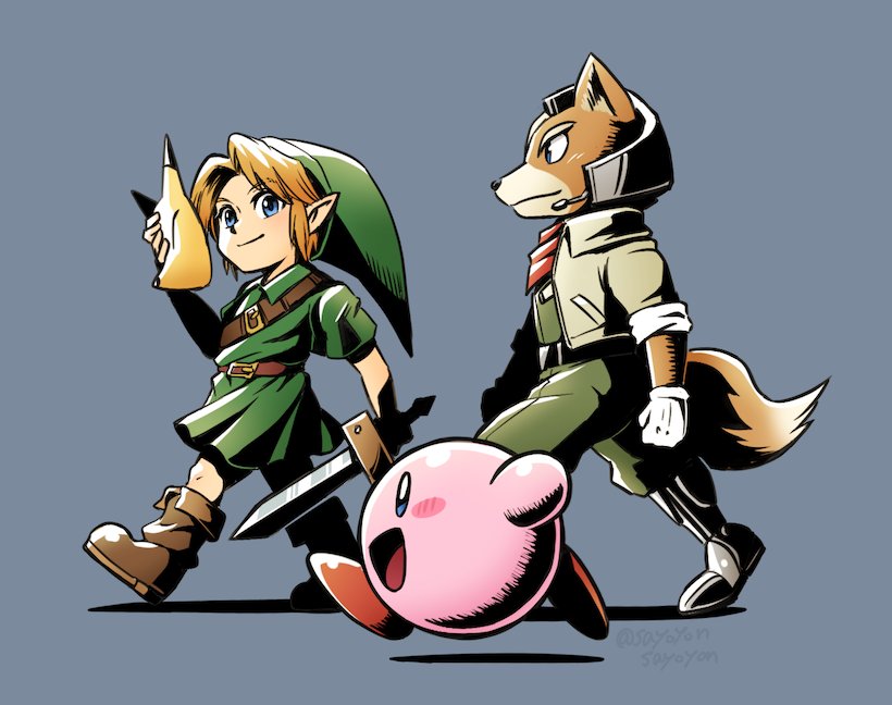 link, kirby, young link, and fox mccloud (the legend of zelda and 5 more) drawn by sayoyonsayoyo