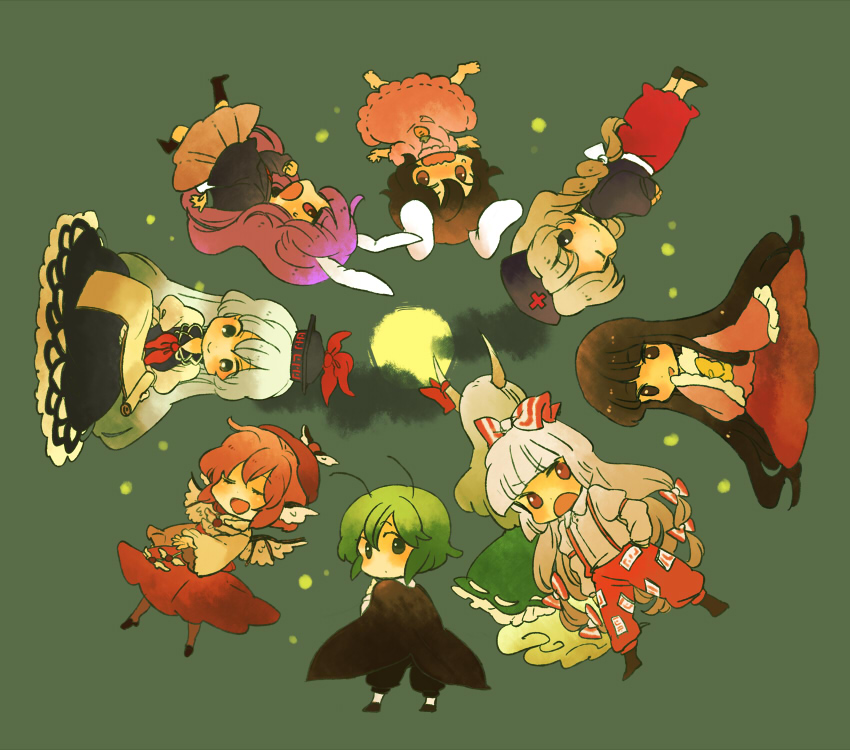 reisen udongein inaba, fujiwara no mokou, kamishirasawa keine, houraisan kaguya, mystia lorelei, and 4 more (touhou and 1 more) drawn by meeko