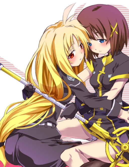 fate testarossa, yagami hayate, and schwertkreuz (lyrical nanoha and 1 more) drawn by okiura