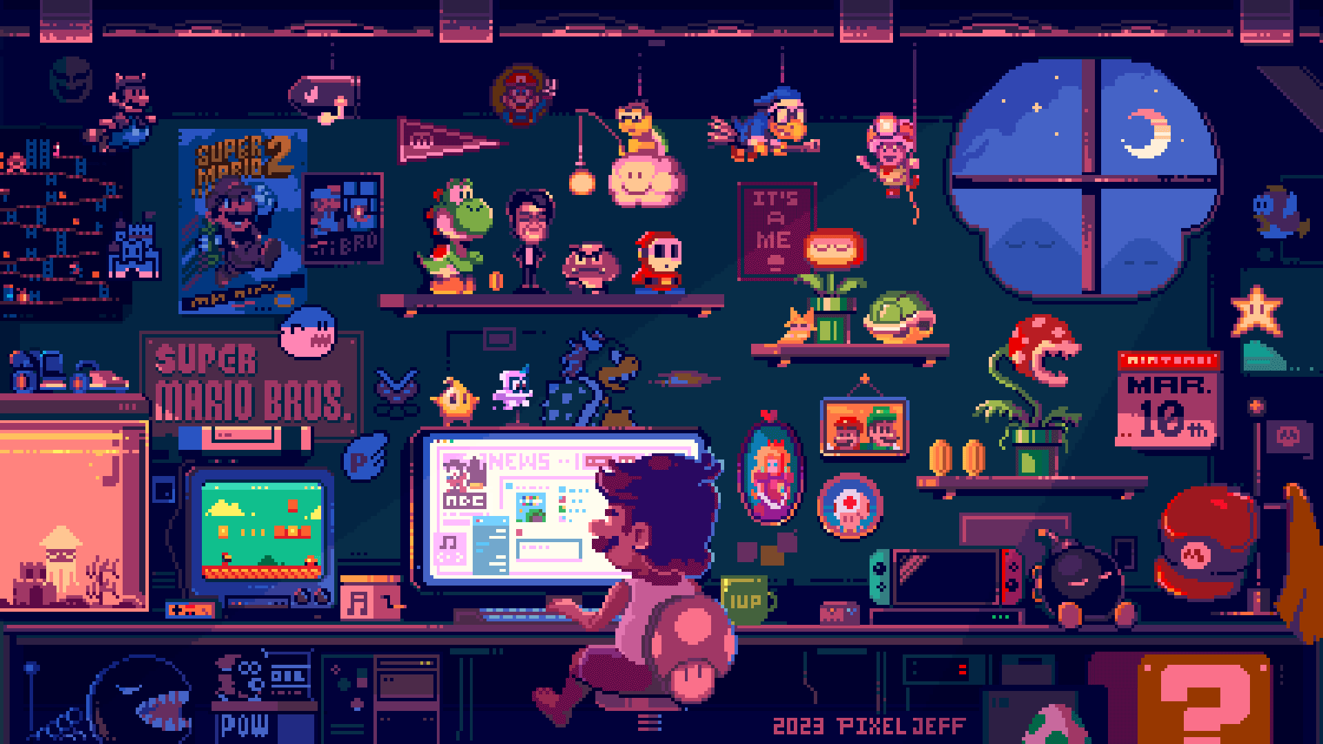 princess peach, mario, luigi, bowser, boo, and 24 more (mario and 9 more) drawn by pixel_jeff