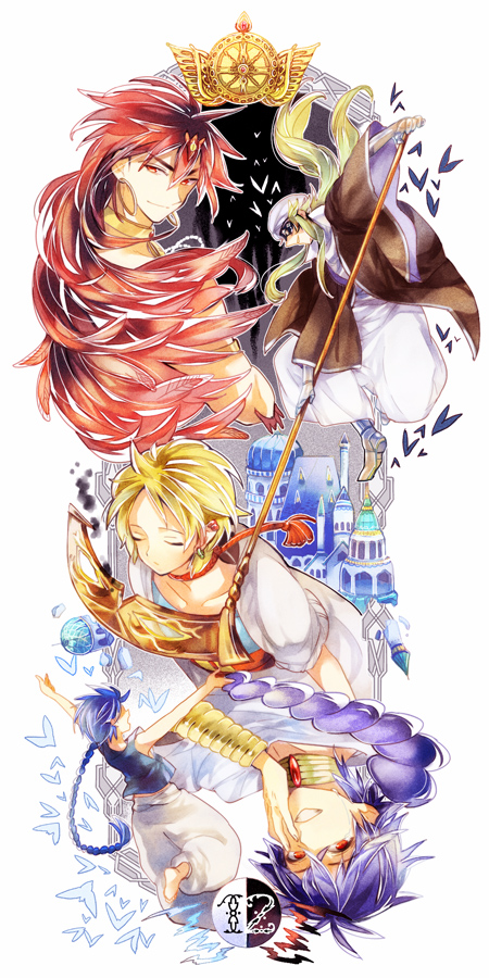 aladdin, alibaba saluja, judal, sinbad, and isnan (magi the labyrinth of magic) drawn by fushitasu