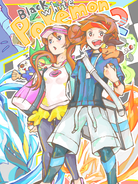 rosa, oshawott, snivy, tepig, and nate (pokemon and 1 more) drawn by mese_(tegaki)