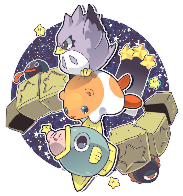 kirby, gooey, dark matter, kine, rick, and 1 more (kirby and 1 more) drawn by tetori