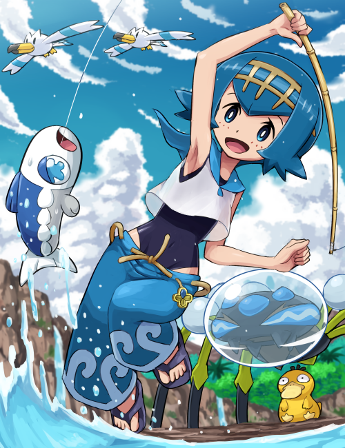 lana, psyduck, wingull, wishiwashi, araquanid, and 1 more (pokemon and 1 more) drawn by pokemoa