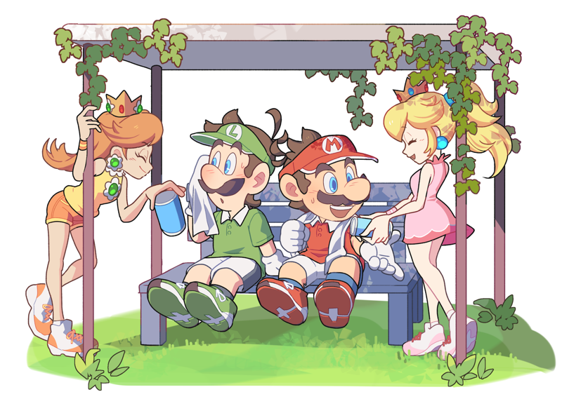 princess peach, mario, luigi, and princess daisy (mario and 2 more) drawn by hoshikuzu_pan