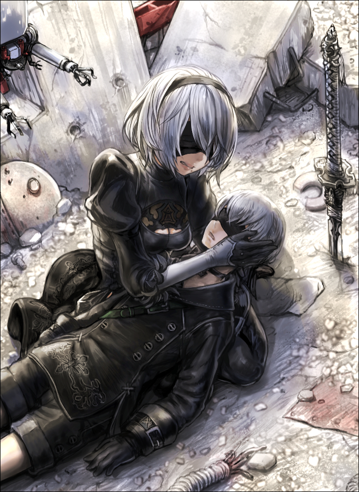2b, 9s, pod, and machine (nier and 1 more) drawn by burunuu_(bullnukko)