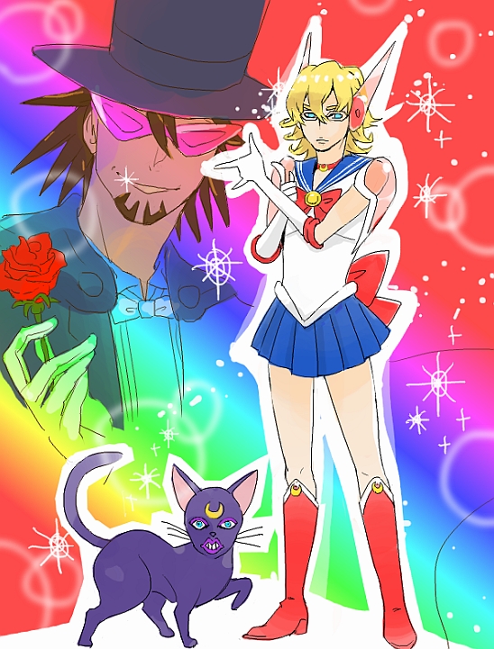 sailor moon, barnaby brooks jr., kaburagi t. kotetsu, luna, tuxedo kamen, and 1 more (bishoujo senshi sailor moon and 1 more) drawn by chasuke_(kiken)