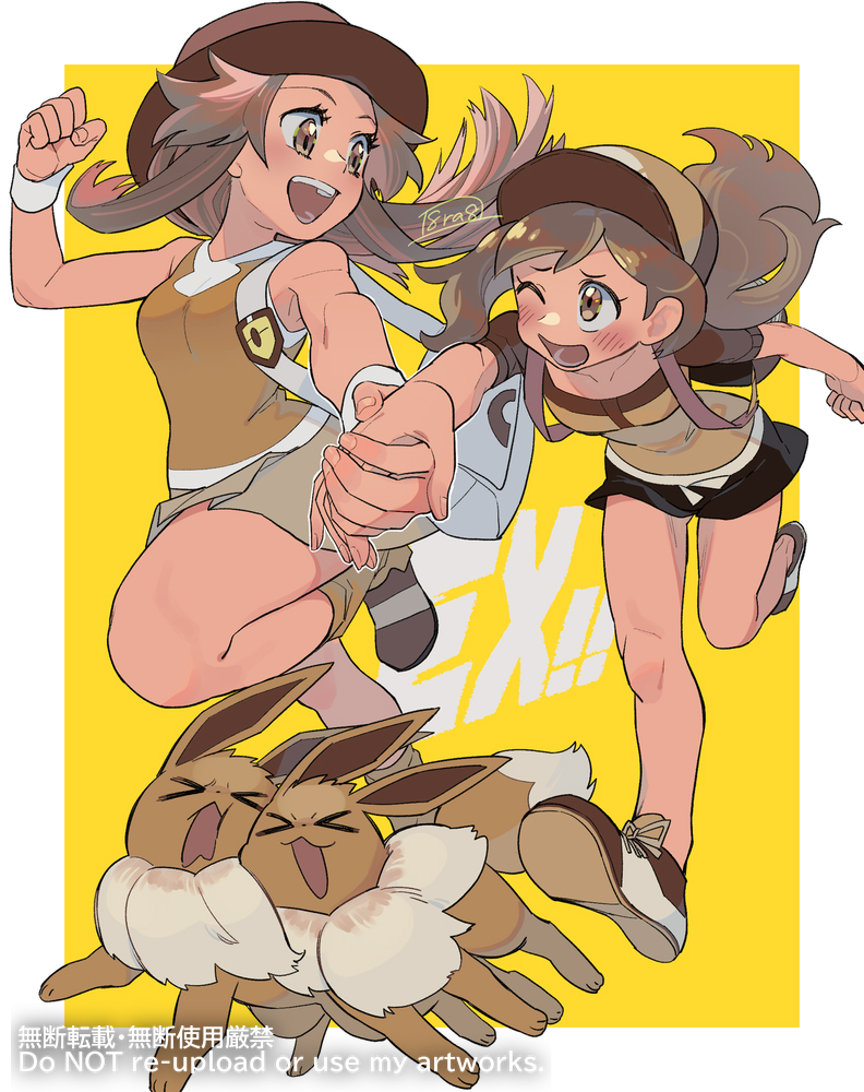 eevee, leaf, and elaine (pokemon and 1 more) drawn by haraya