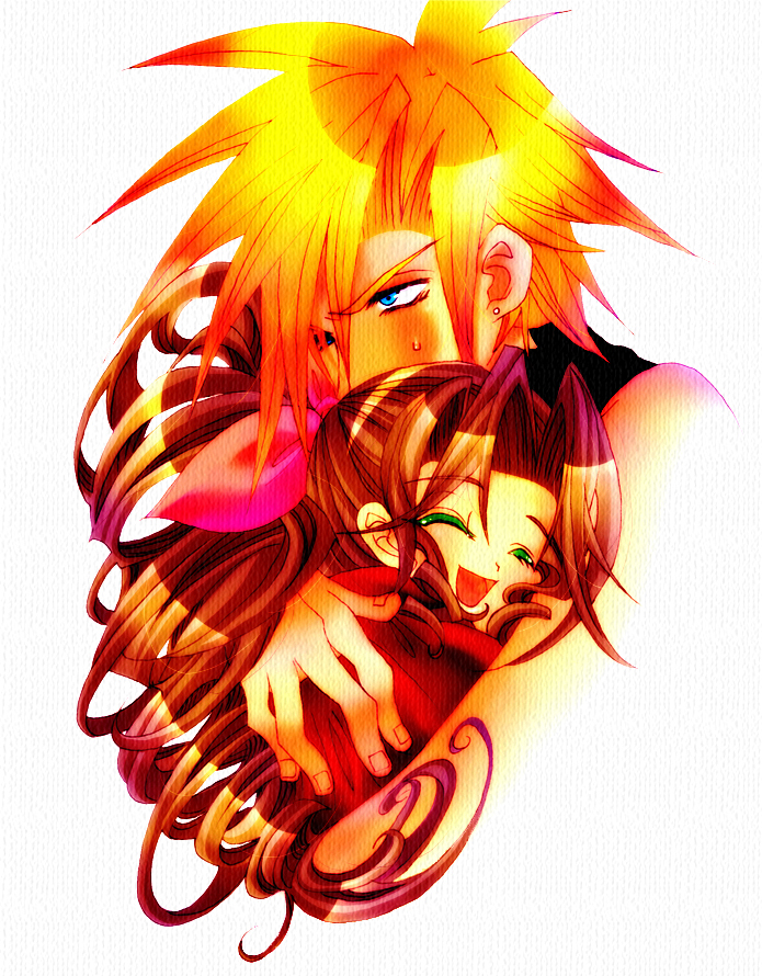 cloud strife and aerith gainsborough (final fantasy and 1 more) drawn by dattyo