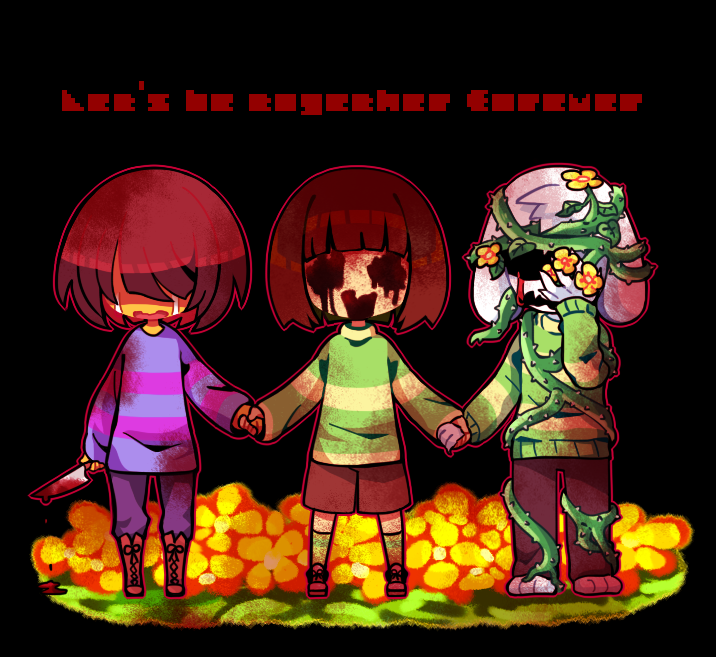 frisk, chara, and asriel dreemurr (undertale) drawn by macotea
