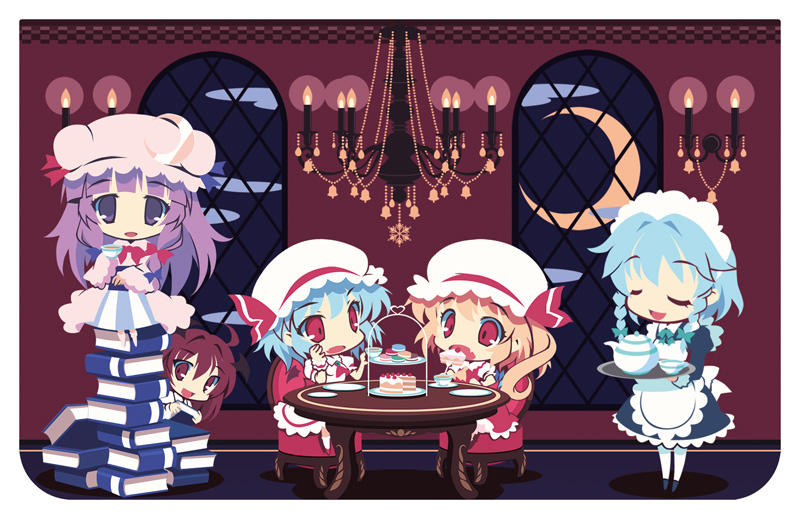 remilia scarlet, flandre scarlet, izayoi sakuya, patchouli knowledge, and koakuma (touhou and 2 more) drawn by lumine_(2339)