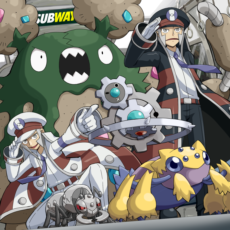 ingo, emmet, galvantula, garbodor, klinklang, and 1 more (pokemon and 1 more) drawn by pokemoa